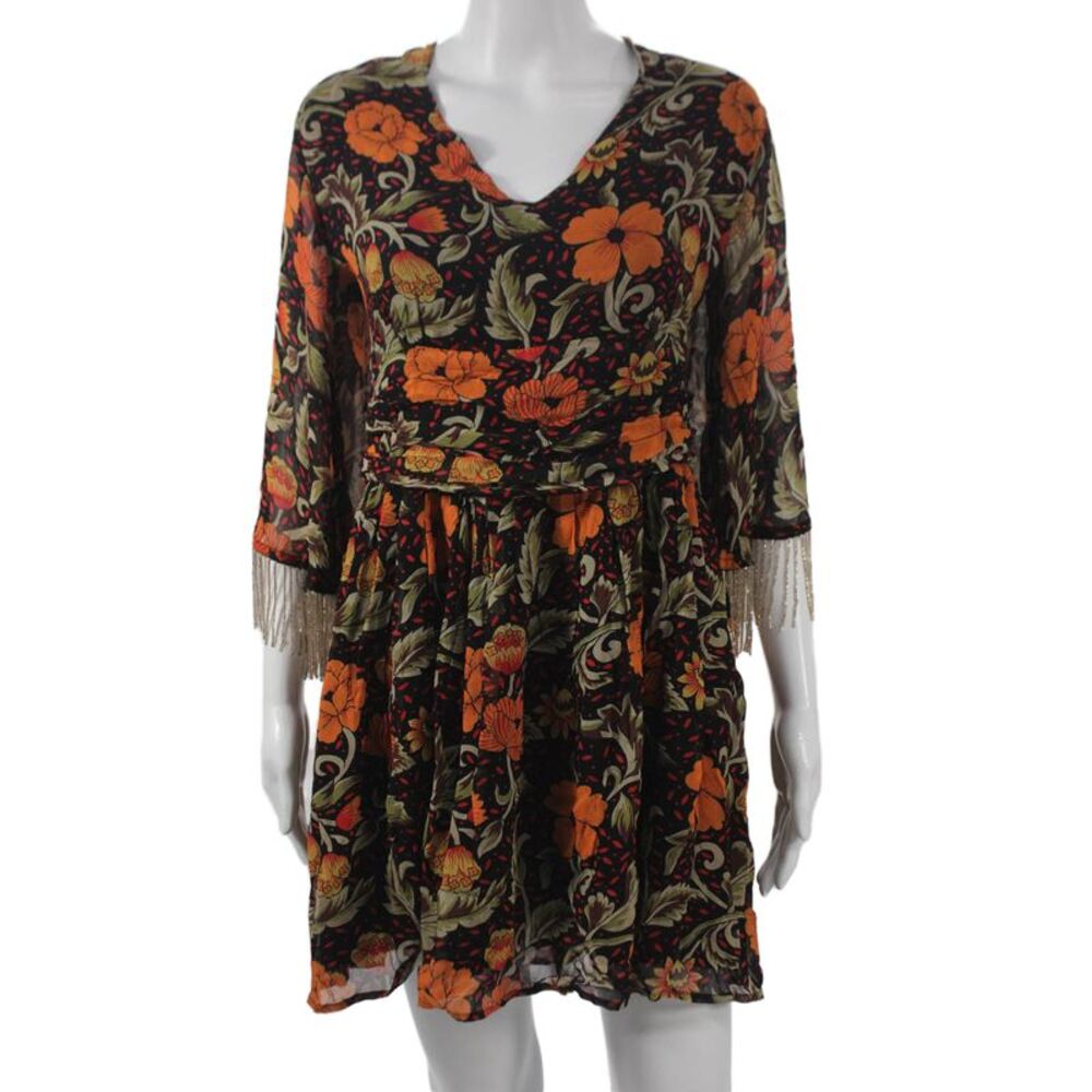 Verb Pallavi Singhee Women Mini Floral V Neck Tie Dress 3/4 Sleeve Size M